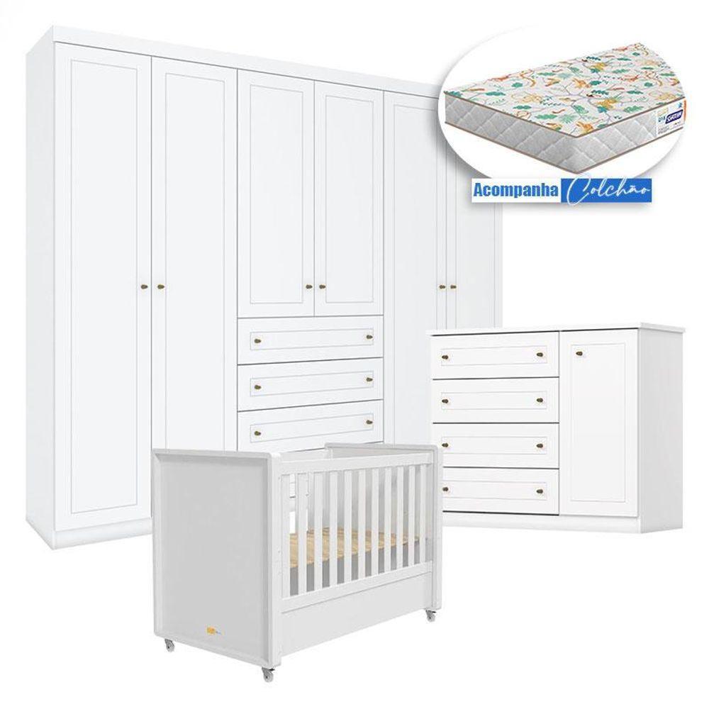 Quarto Infantil Americano 6 Portas Com Berço Tutto New Branco Fosco E Colchão Gazin - Henn - 1