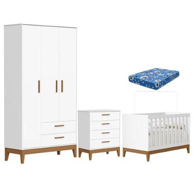Quarto de Bebê Flip com Berço Cômoda Gaveteiro e Colchão Ortobom Branco Acetinado Reller