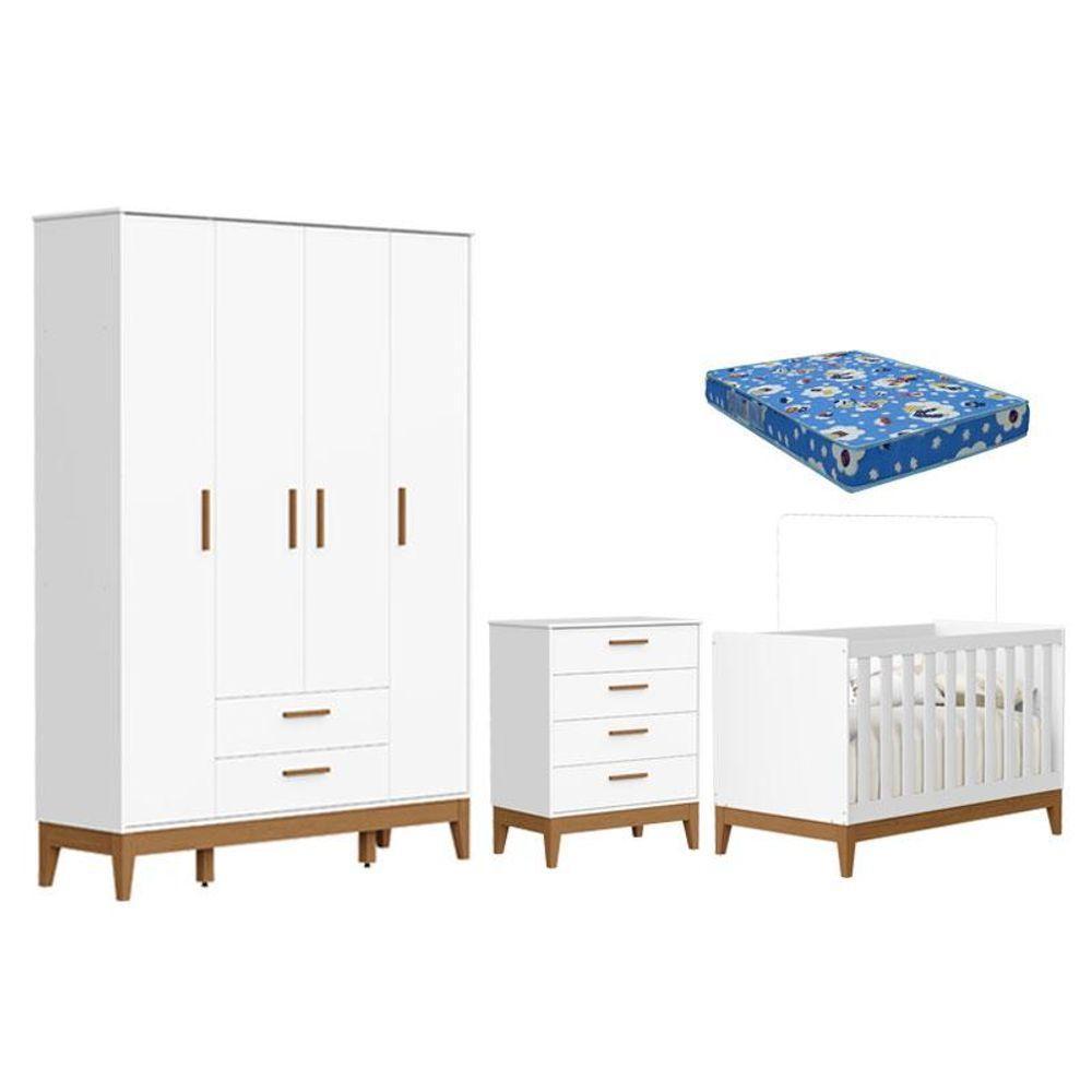 Quarto De Bebê Flip Guarda Roupa 4 Portas Branco Acetinado Com Colchão Ortobom - Reller - 1