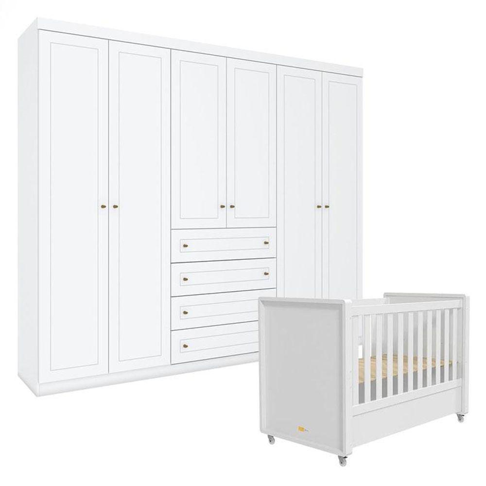 Berço Tutto New E Guarda Roupa Americano Ambiente 6 Portas Branco Fosco - Matic - 6