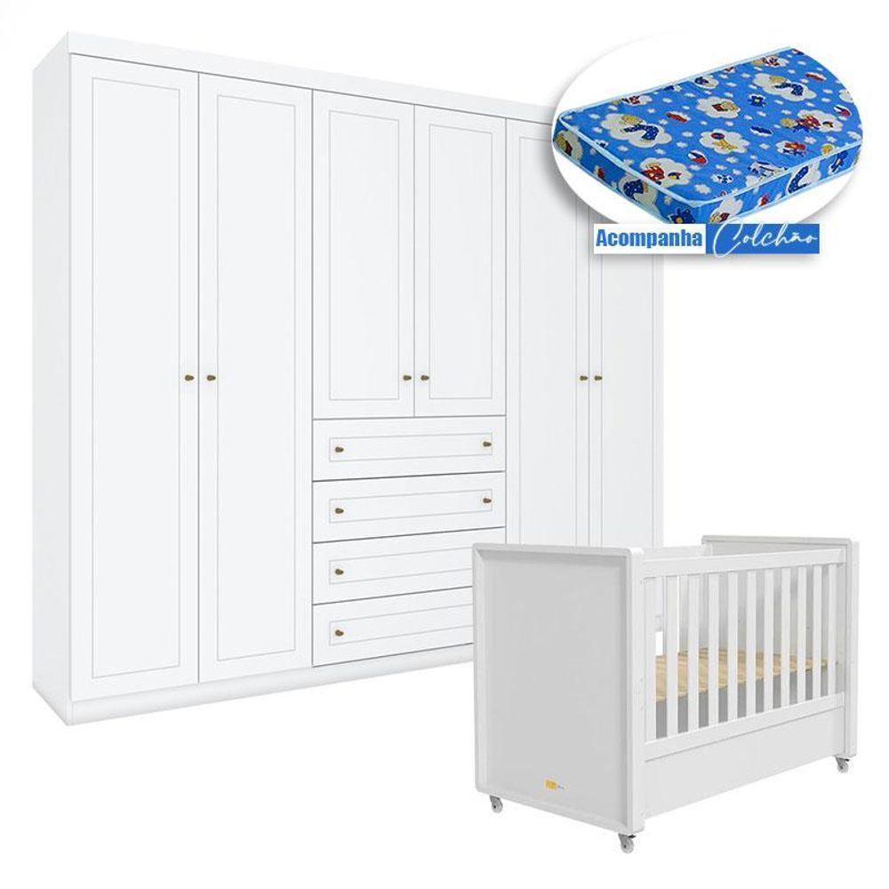 Berço Tutto New Com Guarda Roupa Americano Ambiente 6 Portas Branco Fosco E Colchão Ortobom - Matic - 7
