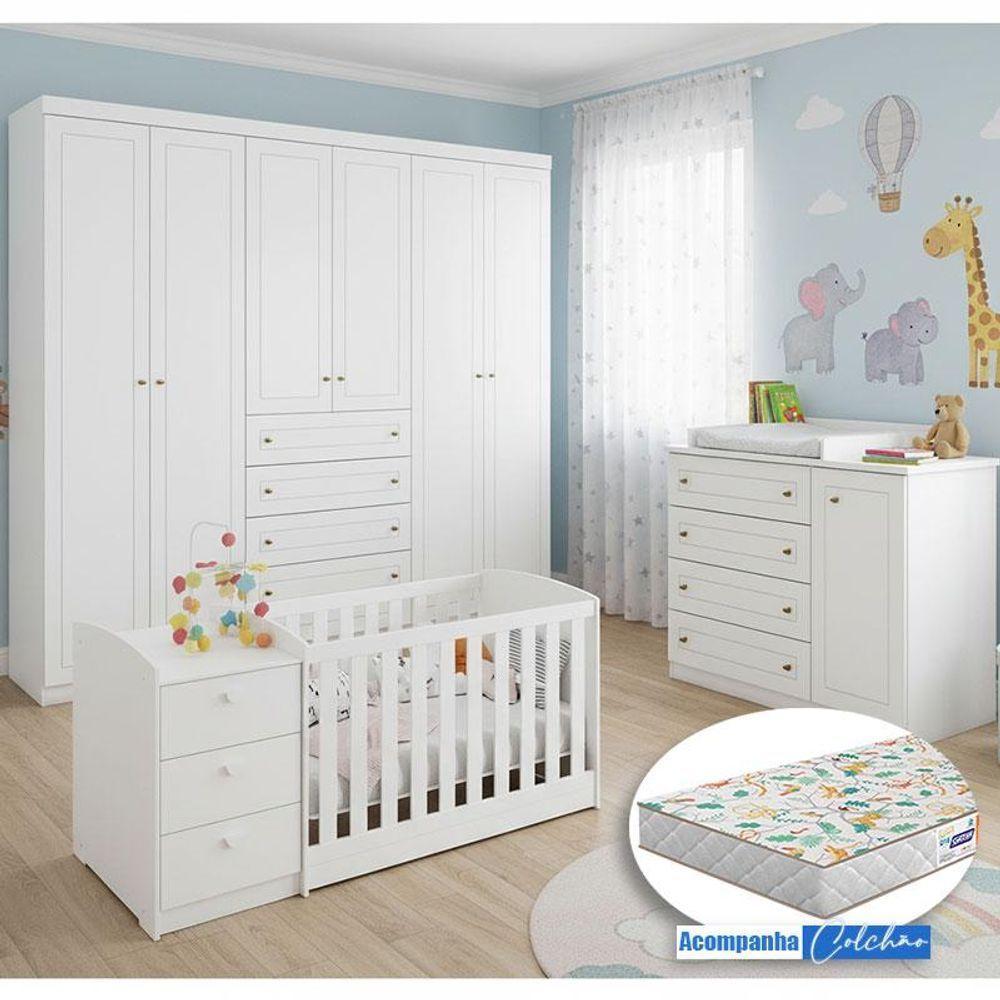 Quarto Infantil Americano 6 Portas Com Berço Multifuncional Atlanta Ambiente Branco Fosco E Colchão Gazin - Reller - 1