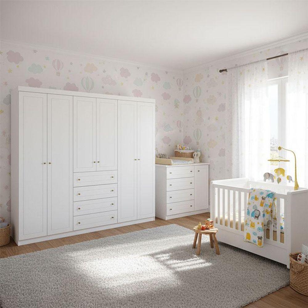 Quarto Infantil Mississipi 6 Portas Ambiente Com Berço Tutto New Branco Fosco - Henn - 1