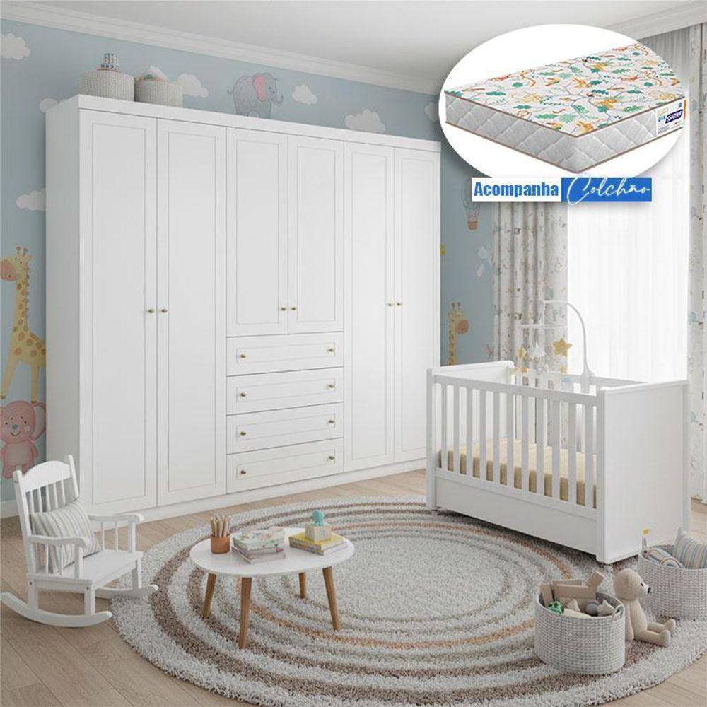 Berço Tutto New Com Guarda Roupa Mississipi 6 Portas Branco Fosco E Colchão Gazin - Matic - 7
