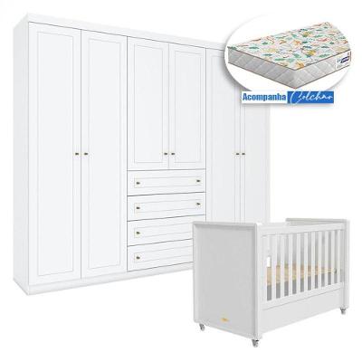Berço Tutto New Com Guarda Roupa Mississipi 6 Portas Branco Fosco E Colchão Gazin - Matic
