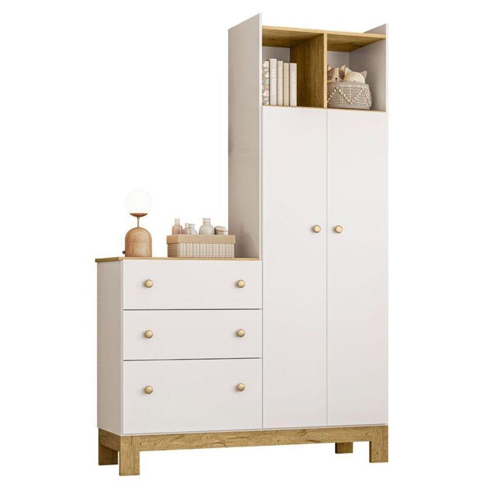 Berço Americano Mini Cama 4315 E Guarda Roupa Com Cômoda 4970 Ambiente Q Encanto Slim Branco Acetinado - Qmovi - 4