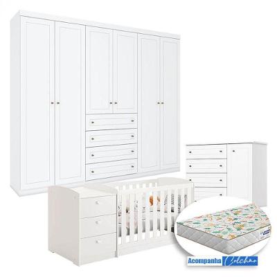 Quarto Infantil Americano 6 Portas Com Berço Multifuncional Atlanta Branco Fosco E Colchão Gazin - Reller
