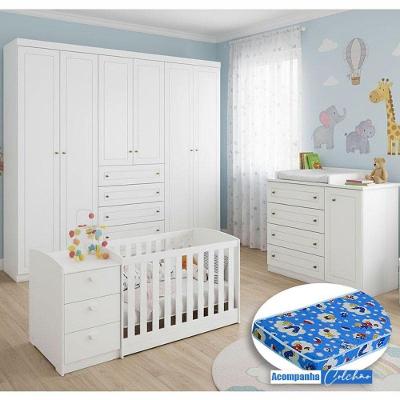 Quarto Infantil Americano 6 Portas Com Berço Multifuncional Atlanta Ambiente Branco Fosco E Colchão Ortobom - Reller