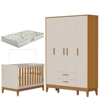 Guarda Roupa Infantil 4 Portas Com Berço Americano Flip Areia Acetinado Savana Com Colchão Gazin - Reller