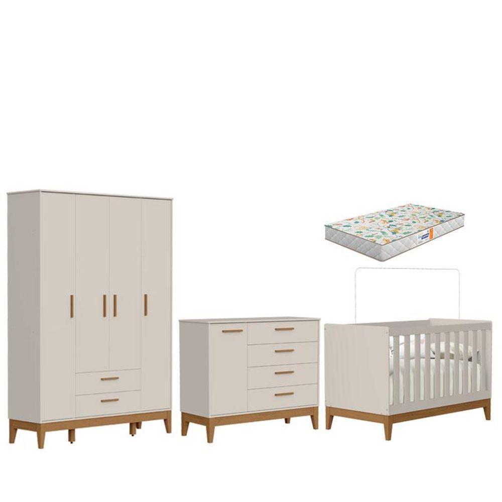 Quarto De Bebê Flip Guarda Roupa 4 Portas Areia Acetinado Com Colchão Gazin - Reller - 1