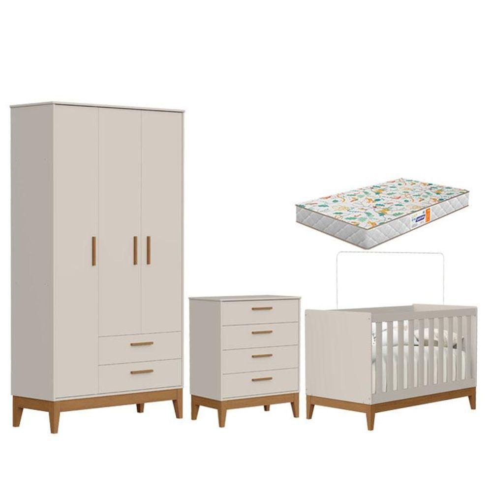 Quarto De Bebê Flip Com Cômoda Gaveteiro Areia Acetinado Com Colchão Gazin - Reller - 1