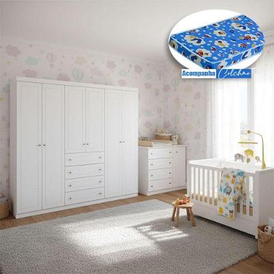 Quarto Infantil Americano 6 Portas Ambiente Com Berço Tutto New Branco Fosco E Colchão Ortobom - Henn