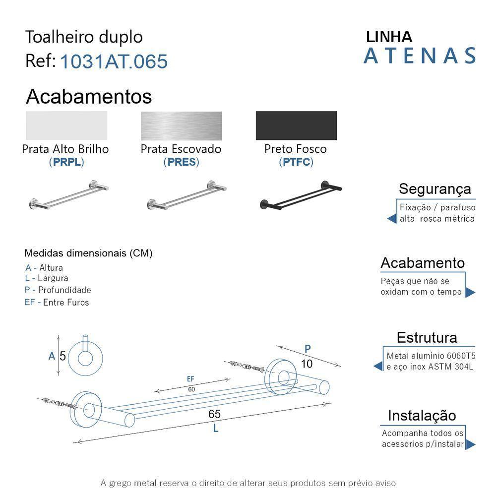 Porta Toalha Toalheiro Duplo Para Banheiro Preto Fosco Atenas 65cm - 6