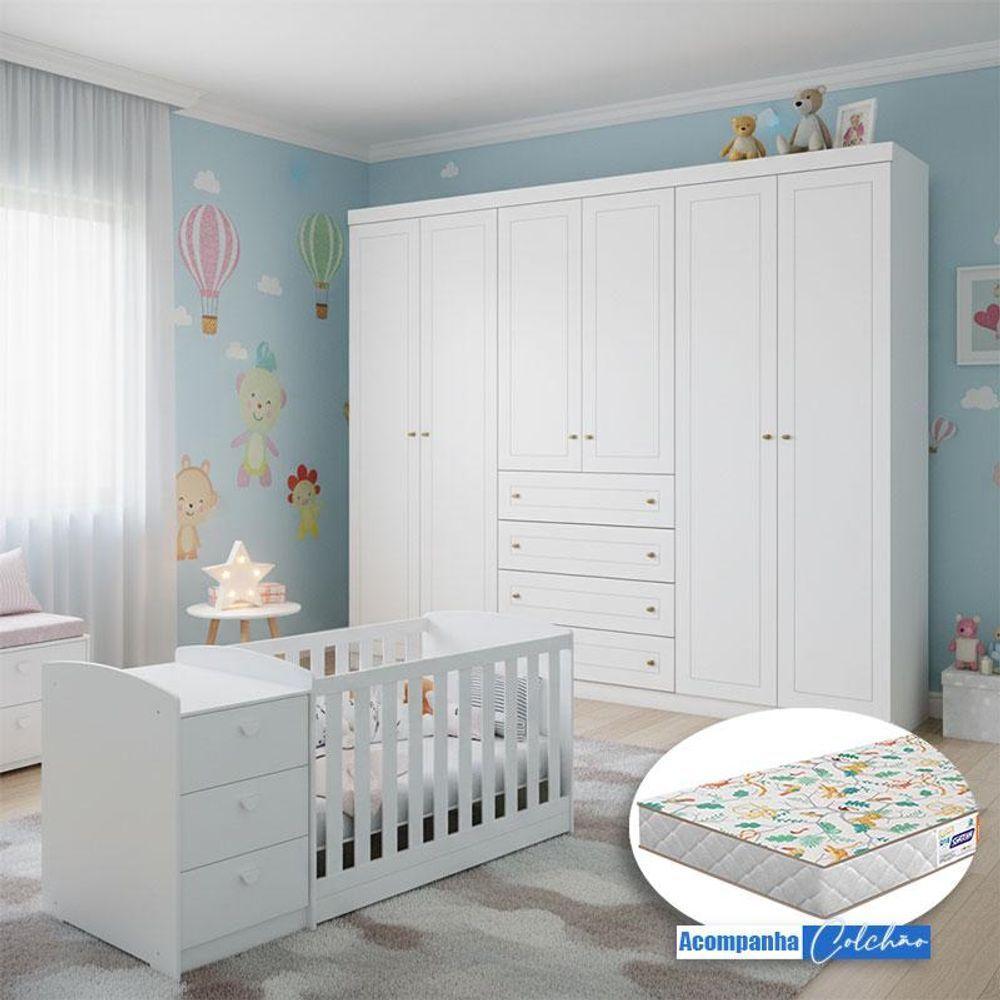 Berço Multifuncional Atlanta E Guarda Roupa 6 Portas Mississipi Ambiente Branco Fosco Henn Com Colchão Gazin - Reller - 1
