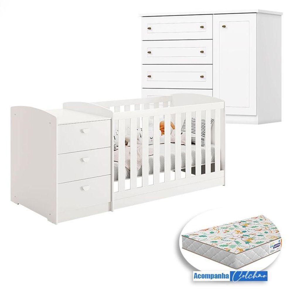 Berço Multifuncional Atlanta E Cômoda Infantil Americano Henn Branco Fosco Com Colchão Gazin - Reller - 1