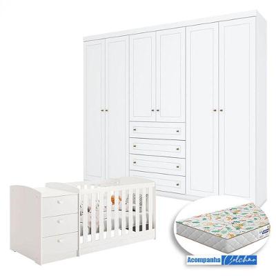 Berço Multifuncional Atlanta E Guarda Roupa 6 Portas Americano Branco Fosco Henn Com Colchão Gazin - Reller
