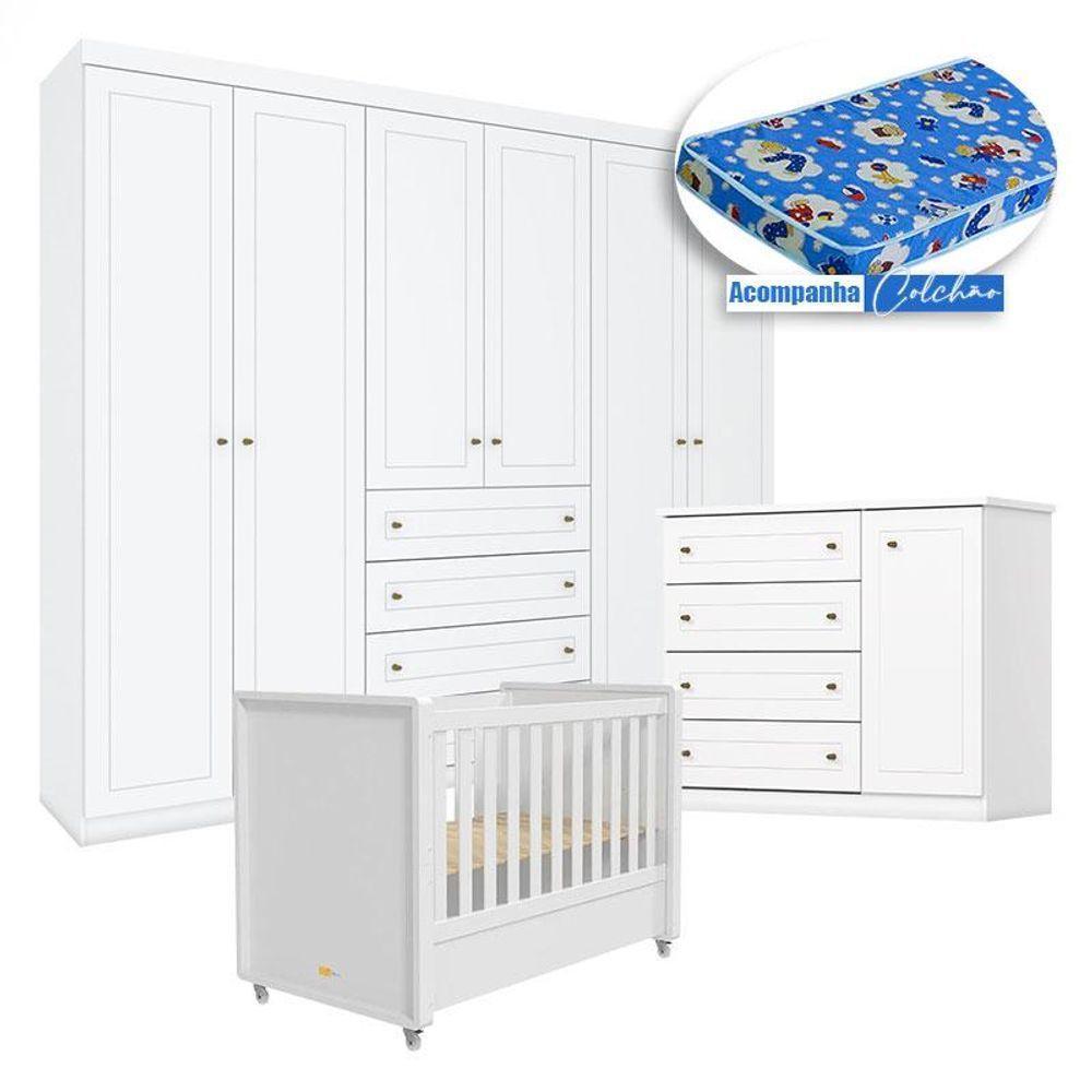 Quarto Infantil Mississipi 6 Portas Com Berço Tutto New Branco Fosco E Colchão Ortobom - Henn - 1