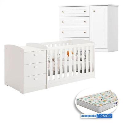 Berço Multifuncional Atlanta E Cômoda Infantil Mississipi Henn Branco Fosco Com Colchão Gazin - Reller