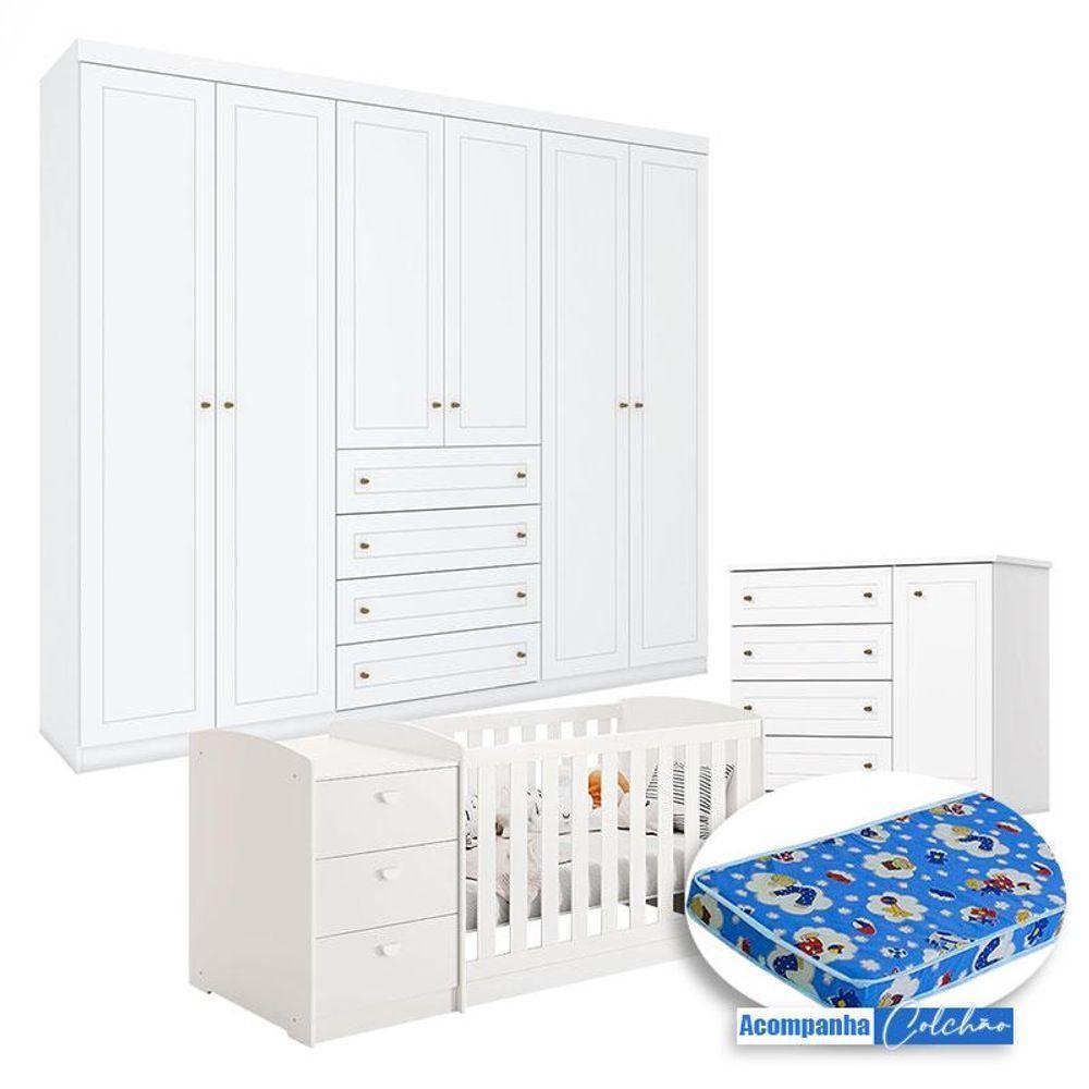 Quarto Infantil Americano 6 Portas Com Berço Multifuncional Atlanta Branco Fosco E Colchão Ortobom - Reller - 1