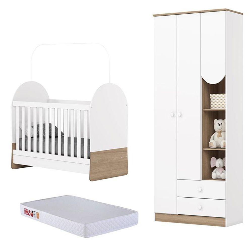 Guarda Roupa 3 Portas E Berço Mini Cama Magia Branco Jequitibá Hp Com Colchão 130x60 Prorelax - Henn - 1