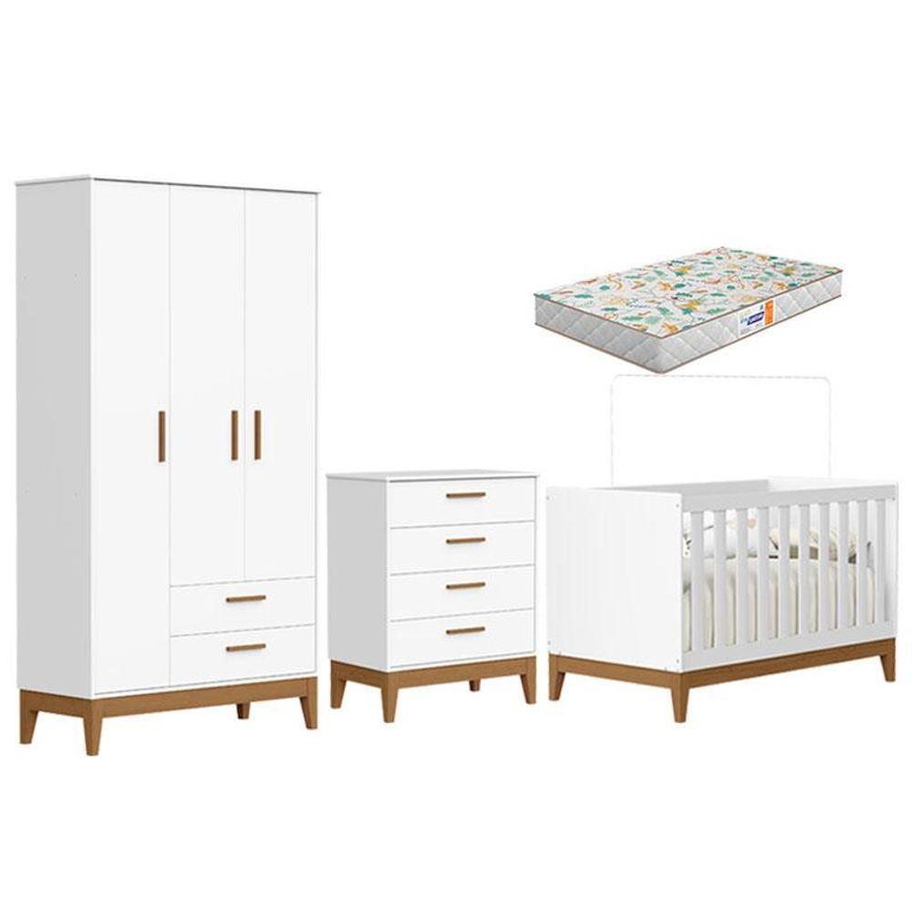 Quarto De Bebê Flip Com Cômoda Gaveteiro Branco Acetinado Com Berço Americano Colchão Gazin - Reller - 1