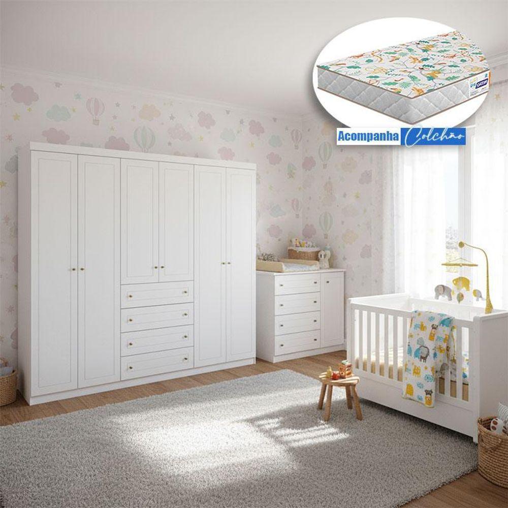 Quarto Infantil Mississpi 6 Portas Ambiente Com Berço Tutto New Branco Fosco E Colchão Gazin - Henn - 1