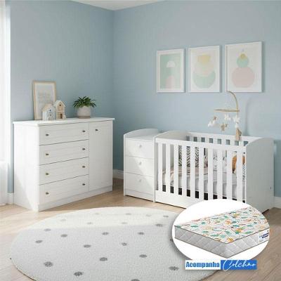 Berço Multifuncional Atlanta com Cômoda 1 Porta 3 Gavetas MDP MDF 185 cm Branco Reller Móveis