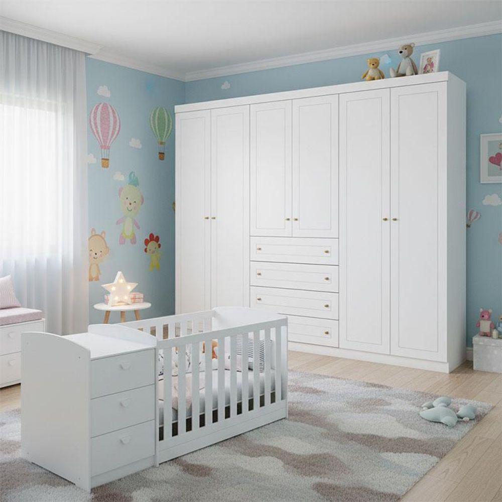 Berço Multifuncional Atlanta E Guarda Roupa 6 Portas Americano Ambiente Branco Fosco Henn - Reller - 1