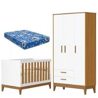 Guarda Roupa Infantil 3 Portas Com Berço Americano Flip Branco Acetinado Savana Com Colchão Ortobom - Reller - 1