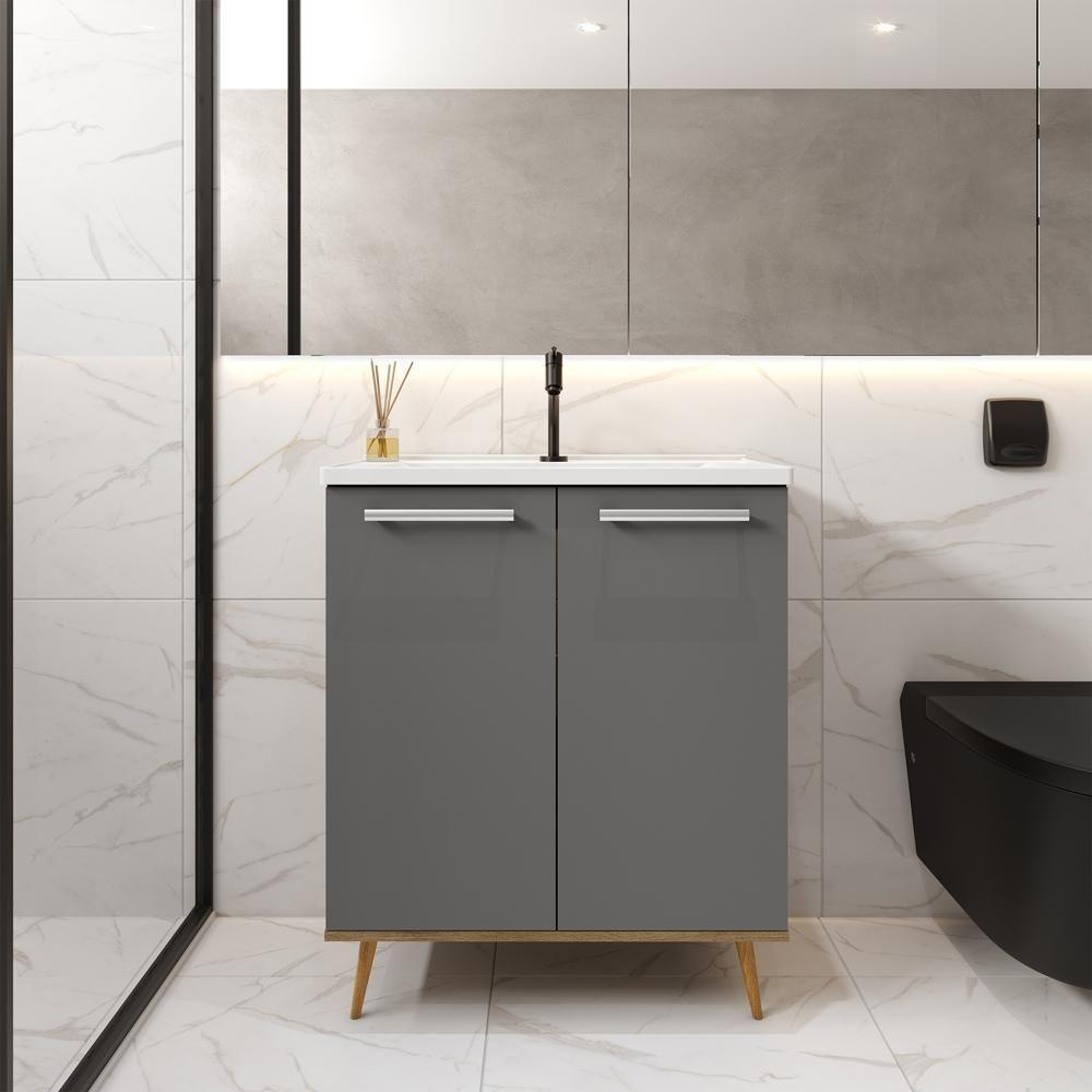 Balcão Para Banheiro Com Pia E 2 Portas Grafite Bertolini Grafite/carvalho - 1