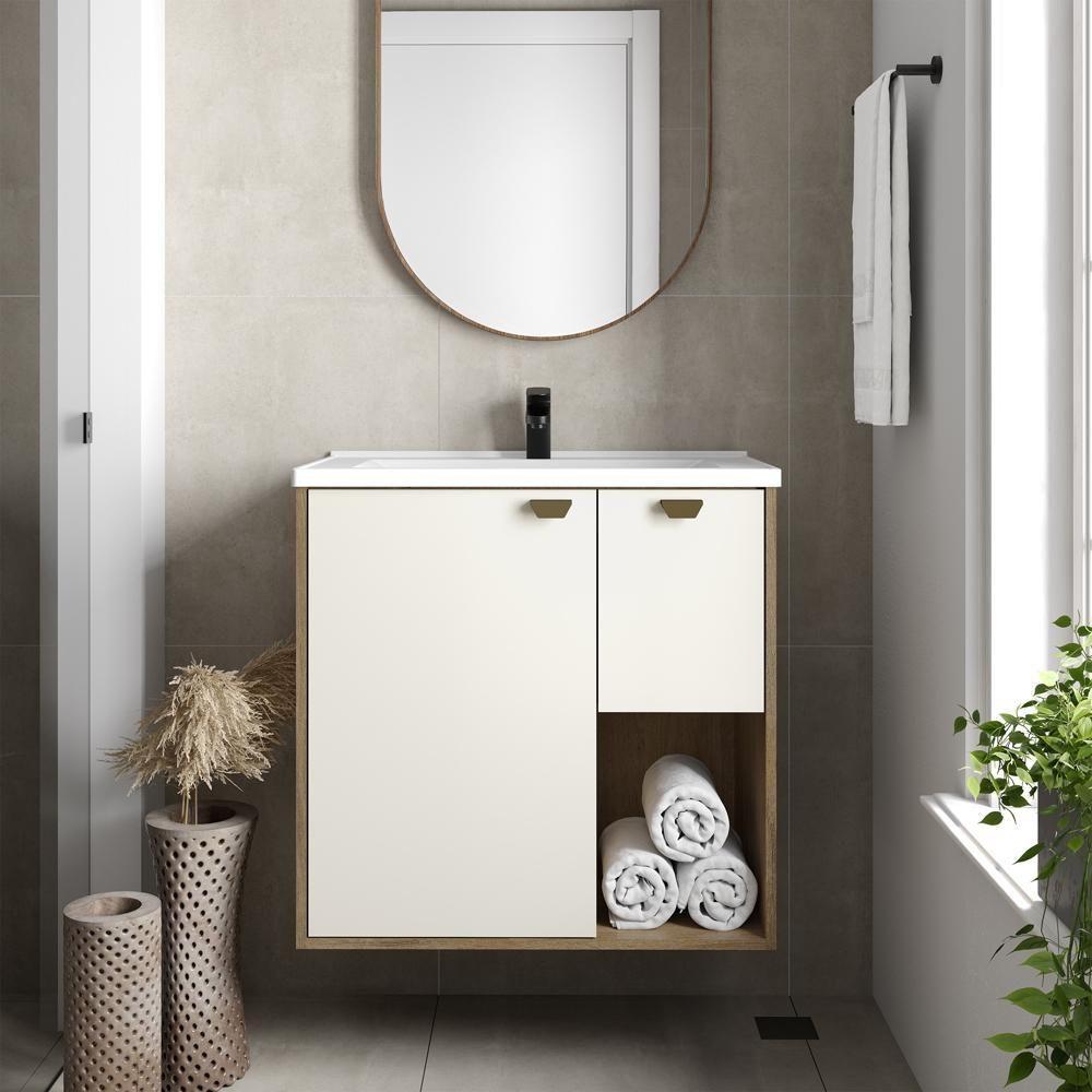 Balcão Para Banheiro Com Pia 1 Porta 1gaveta Areia Bertolini Areia/carvalho - 1