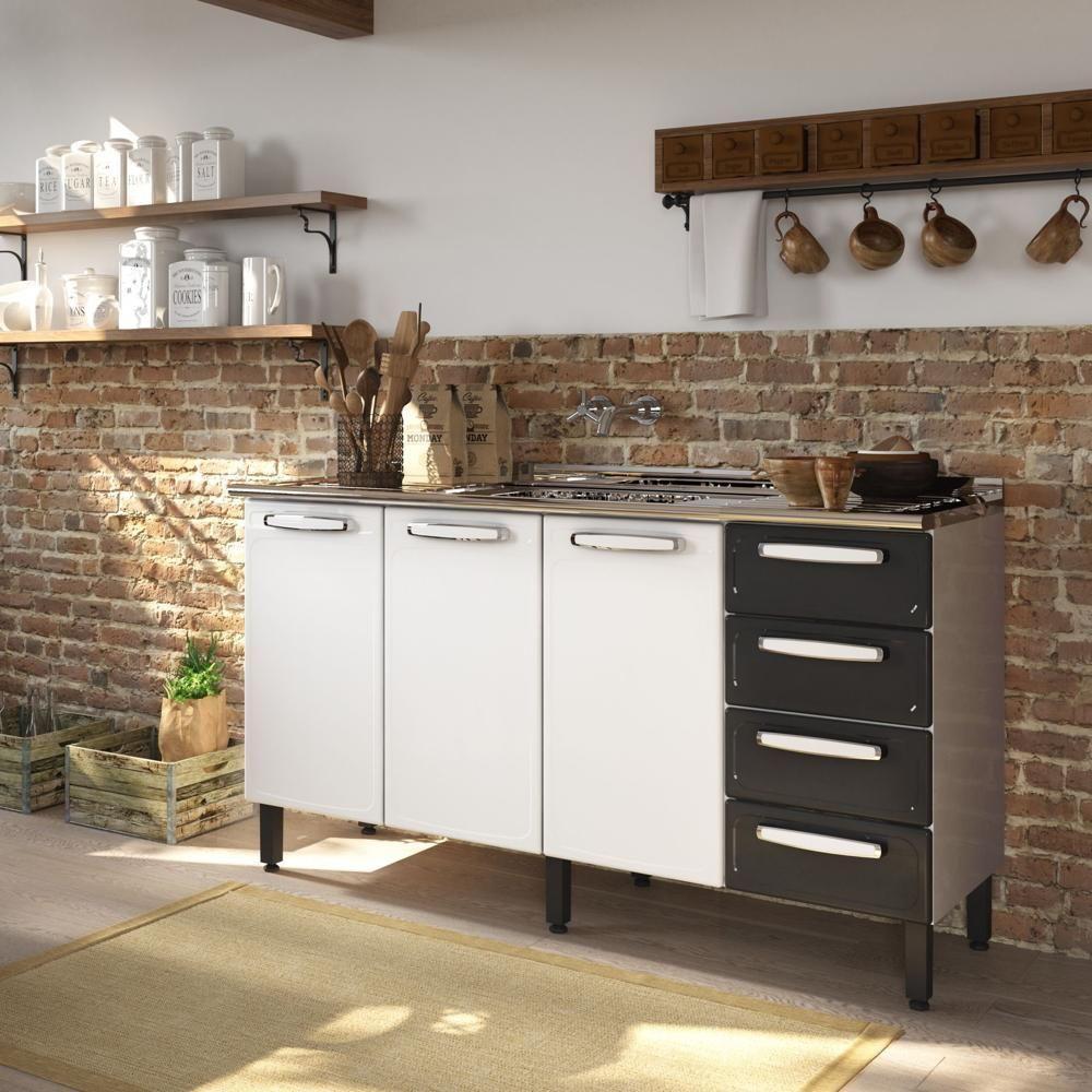 Balcão De Aço 3 Portas 4 Gavetas Preto Evidence Bertolini Branco/preto - 1