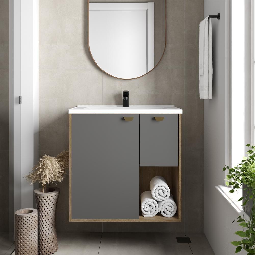 Balcão Para Banheiro Pia 1 Porta 1 Gaveta Grafite Bertolini Grafite/carvalho - 1