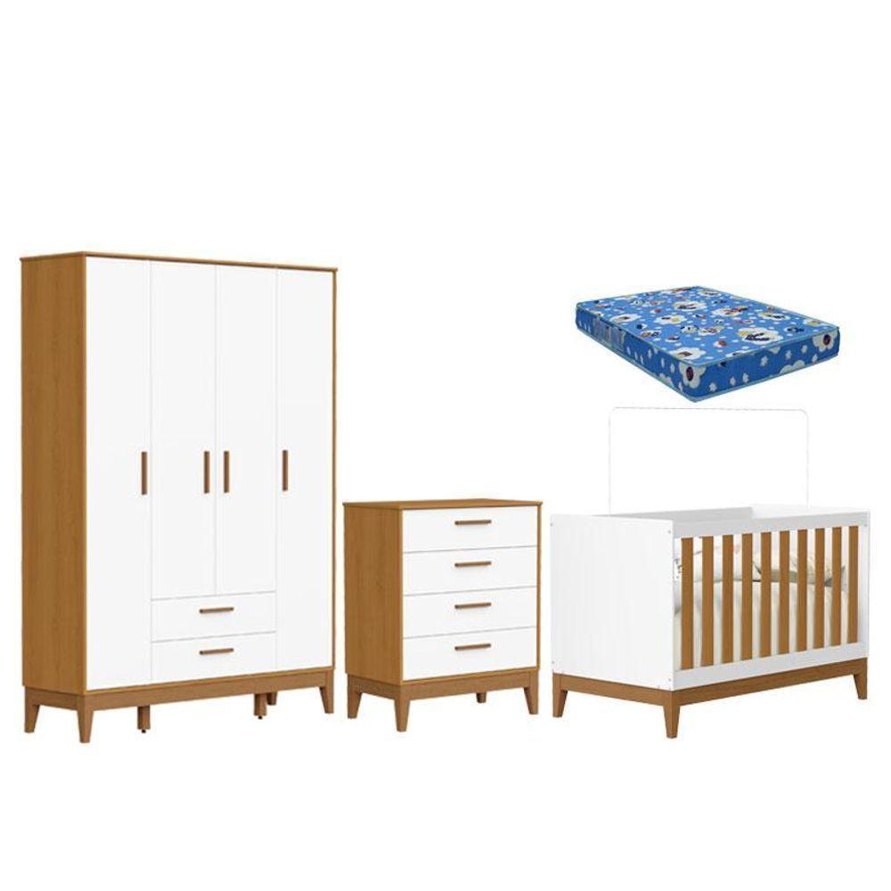 Quarto De Bebê Flip Guarda Roupa 4p Branco Acetinado Savana Com Colchão - Reller - 1