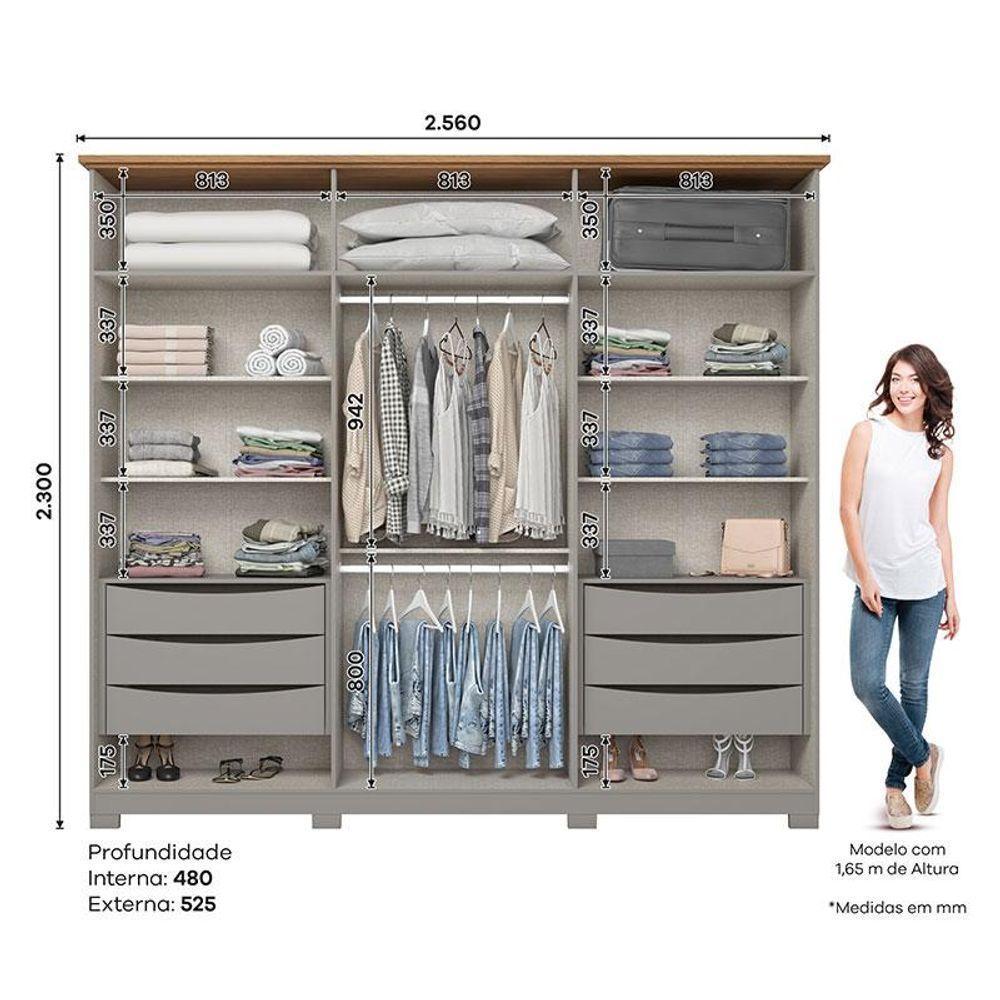 Guarda Roupa Casal Americano Prime 6 Portas 6 Gavetas Com Pés Cinza Nature - Henn - 3