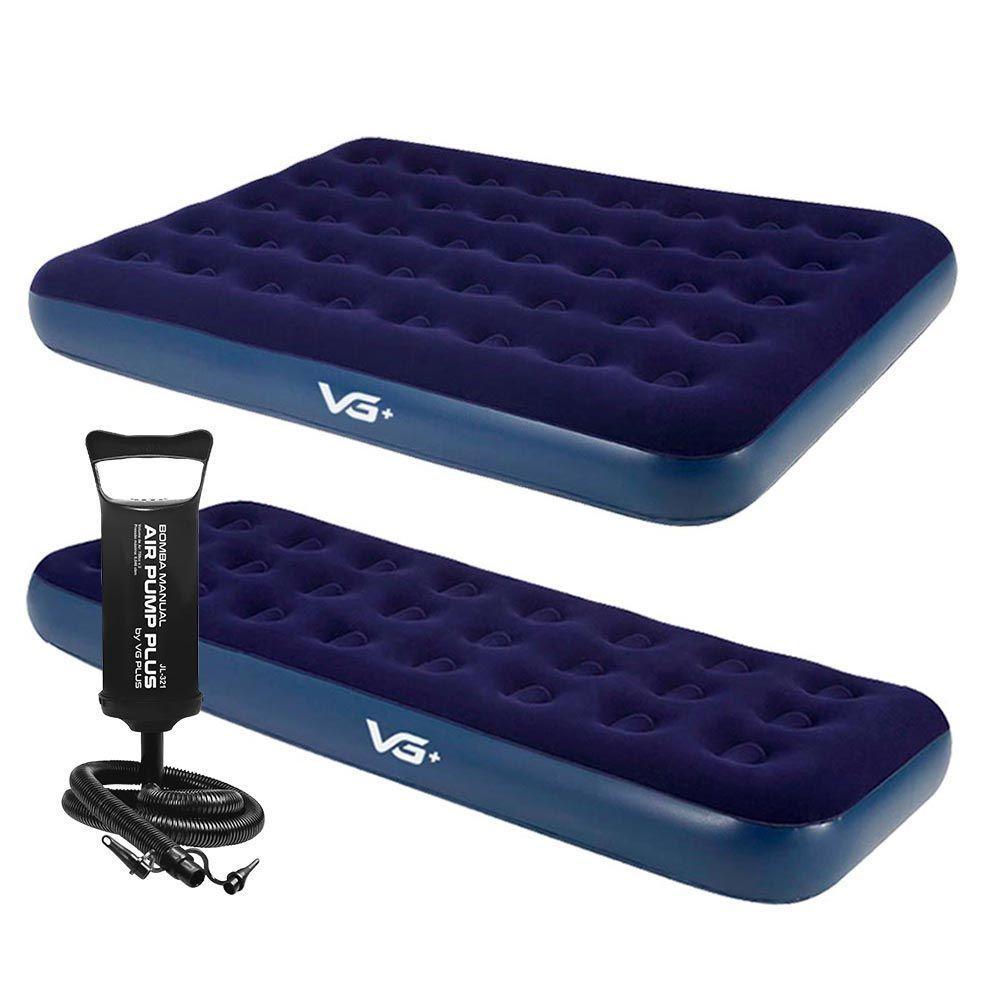 Kit 1 Colchão Inflável Casal E Solteiro Flocked Comfort Com Bomba Manual Vg Plus - 1