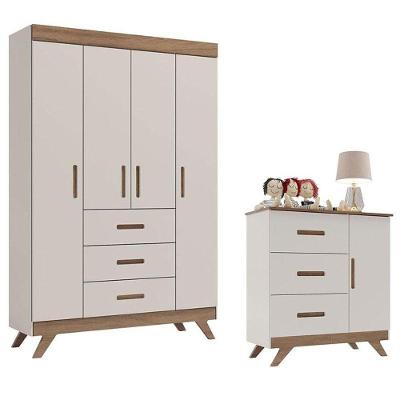 Guarda Roupa E Cômoda Infantil Retrô Maya Off White Carvalho - Carolina