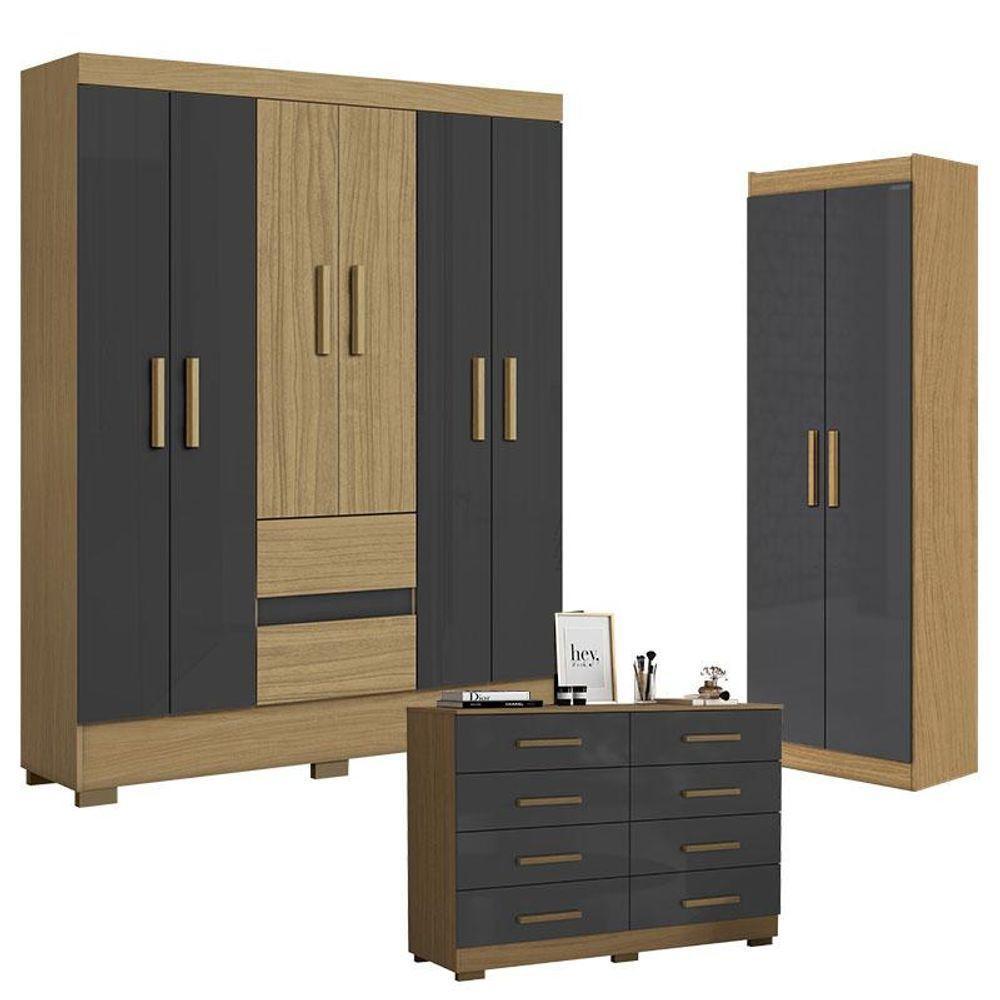 Guarda Roupa Casal Coimbra 2005138 Com Armário Multiuso 2000191 E Cômoda 2014148 Atacama Grafite - Aramóveis - 1