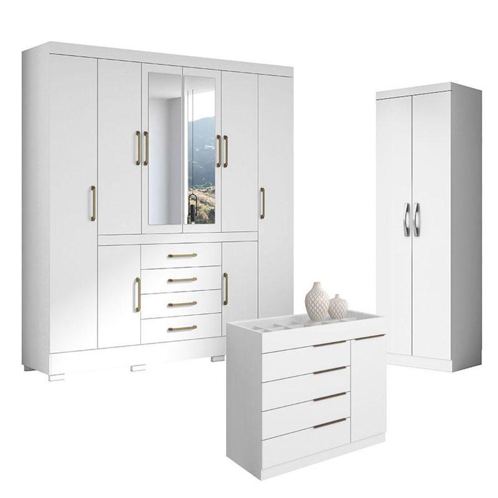 Guarda Roupa Casal Nápole 2045149 E Armário Multiuso New 2000192 E Cômoda Sevilha Branco - Aramóveis - 1