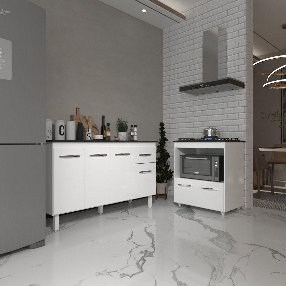 Armário Gabinete Camila 138 Cm Com Tampo Tampão E Balcão Evelyn Para Cooktop 5 Bocas Branco E Preto - 2