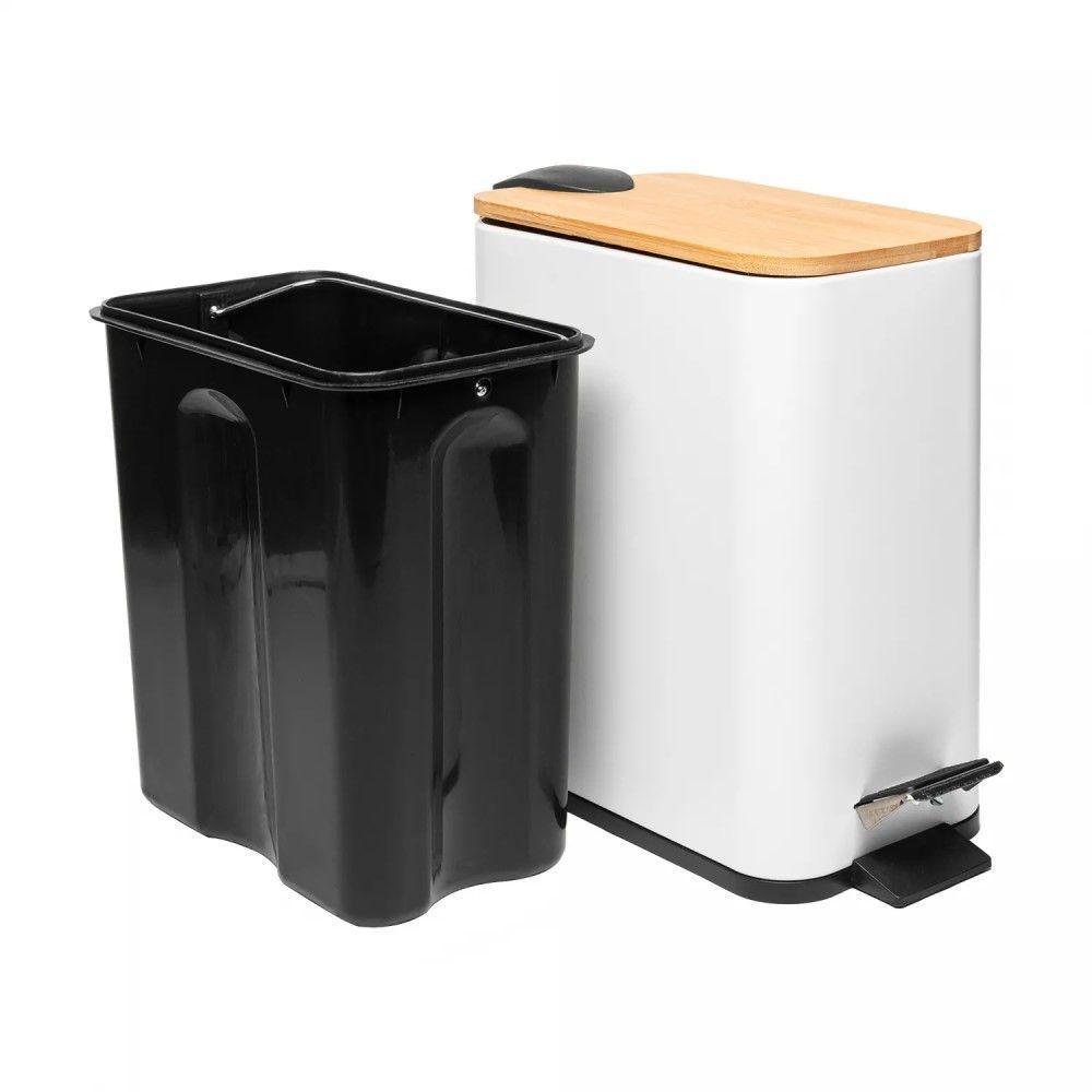 Lixeira 5l Retangular De Metal Com Pedal E Tampa Em Bambu Branca Lyor - 3