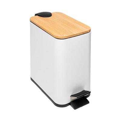 Lixeira Retangular 5L Metal com Pedal Tampa em Bambu Branca Lyor