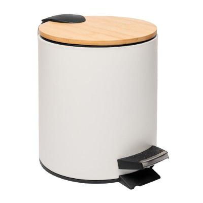 Lixeira Redonda 5L Metal com Pedal e Tampa em Bambu Branca Lyor
