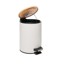 Lixeira 5l Redonda De Metal Com Pedal E Tampa Em Bambu Branca Lyor - 3