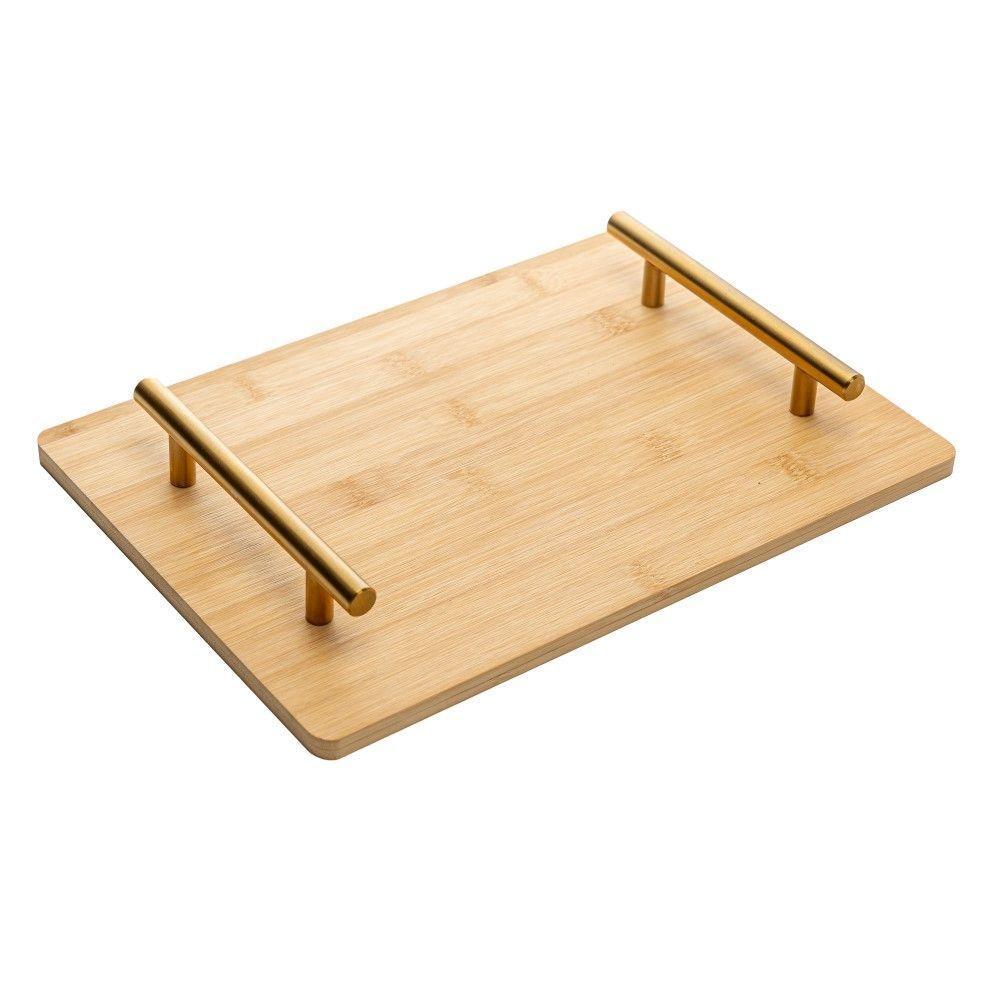 Bandeja De Bambu Com Alça De Metal Dourada 30 X 21 Cm Seattle Wolff - 1