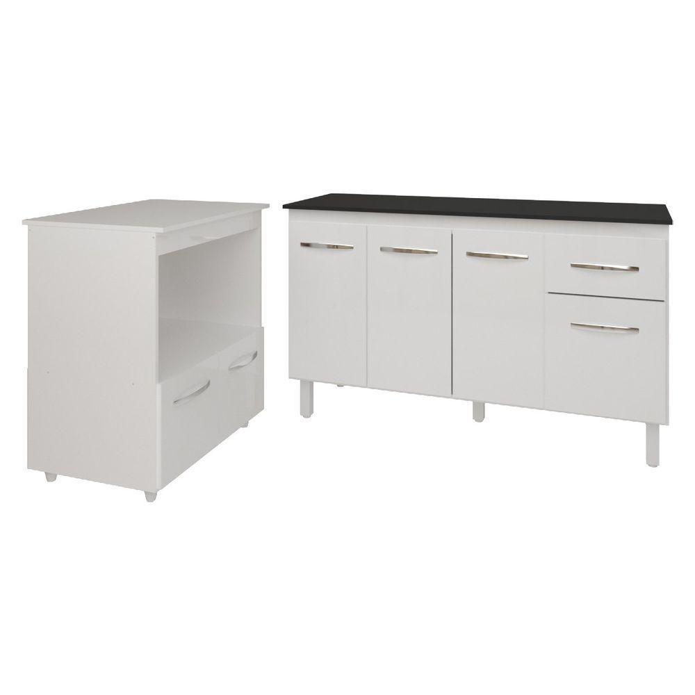 Armário Gabinete Camila 138 Cm Com Tampo Tampão E Balcão Amanda Para Forno E Microondas Branco E Preto - 1