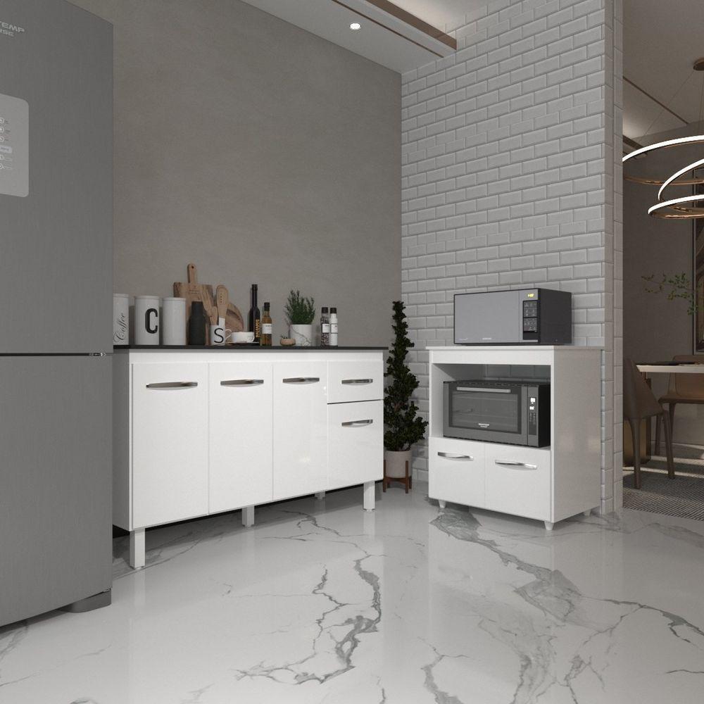 Armário Gabinete Camila 138 Cm Com Tampo Tampão E Balcão Amanda Para Forno E Microondas Branco E Preto - 2
