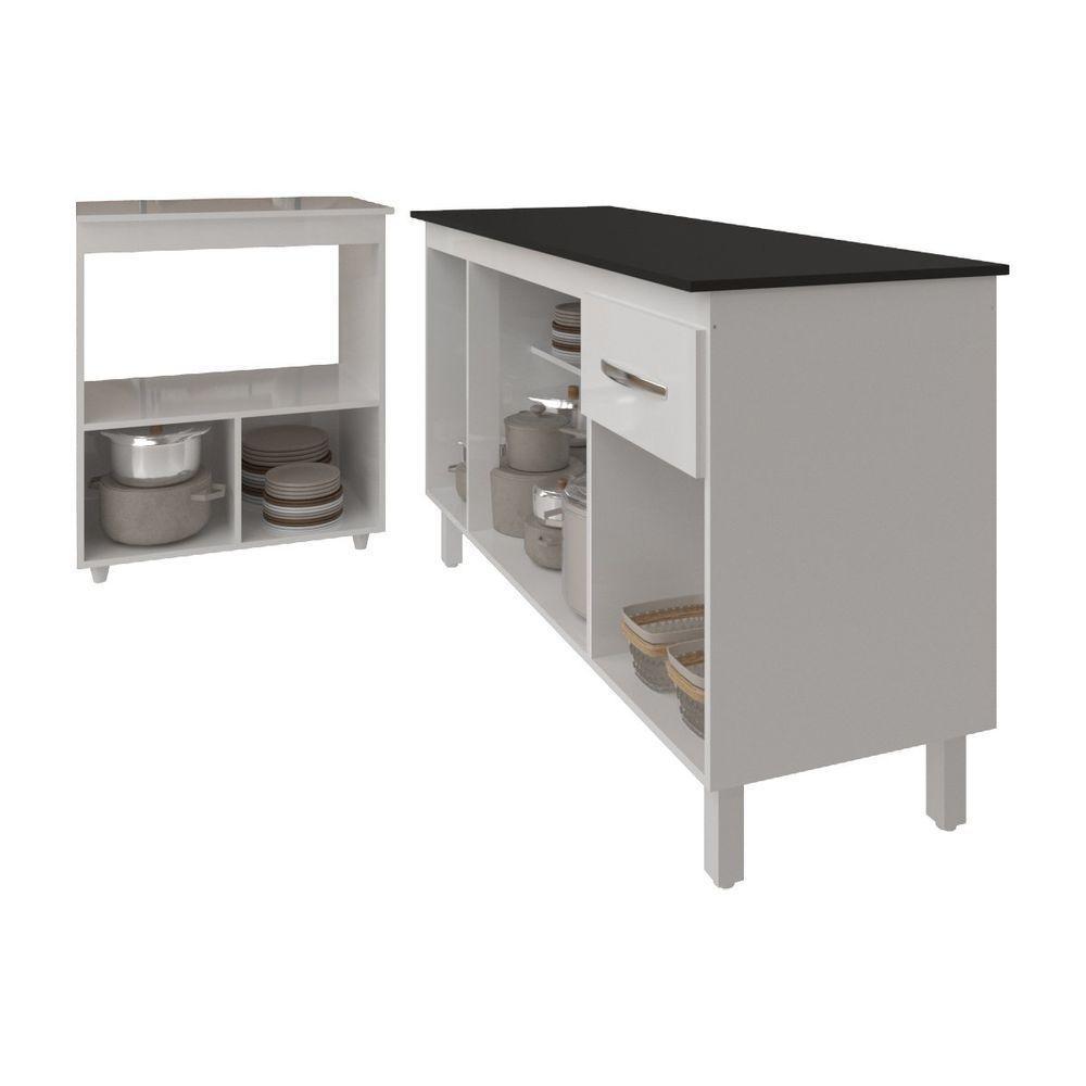 Armário Gabinete Camila 138 Cm Com Tampo Tampão E Balcão Amanda Para Forno E Microondas Branco E Preto - 5