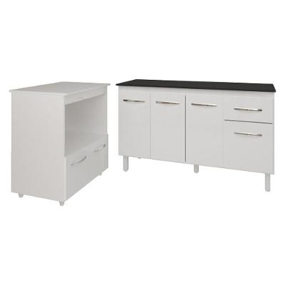 Armário Gabinete Camila 138 Cm Com Tampo Tampão E Balcão Amanda Para Forno E Microondas Branco E Preto