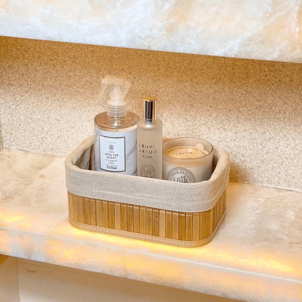 Conjunto 3 Cestos Retangulares De Bambu Com Forro Em Tecido Lyor - 3